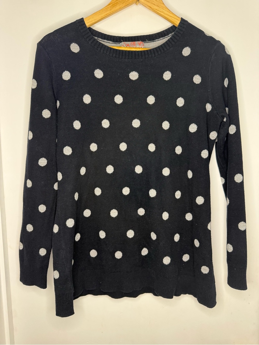 Nouveaux Sweater Womens Small Black Silver Metallic Polka Dot Crewneck Pullover